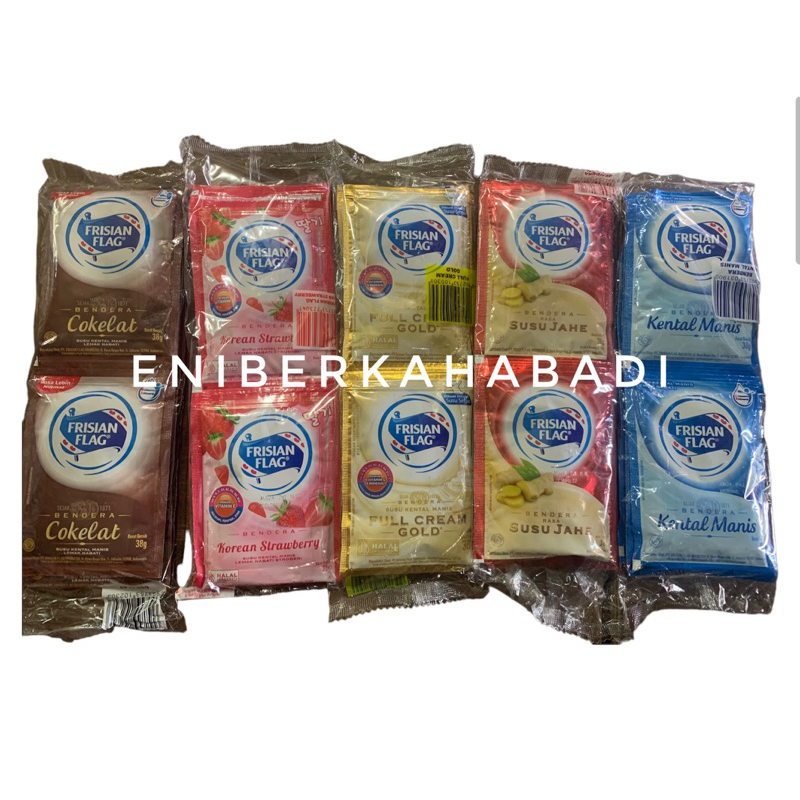 

Frisian Flag Kental Manis Sachet Creamer/Coklat/ Korean Strawberry/gold 1 pak isi 6 pcs x 38gram