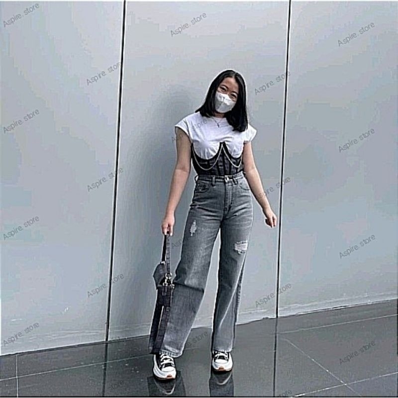 celana wanita Highwaist kulot ripped jeans looser grey (tidak tembus)
