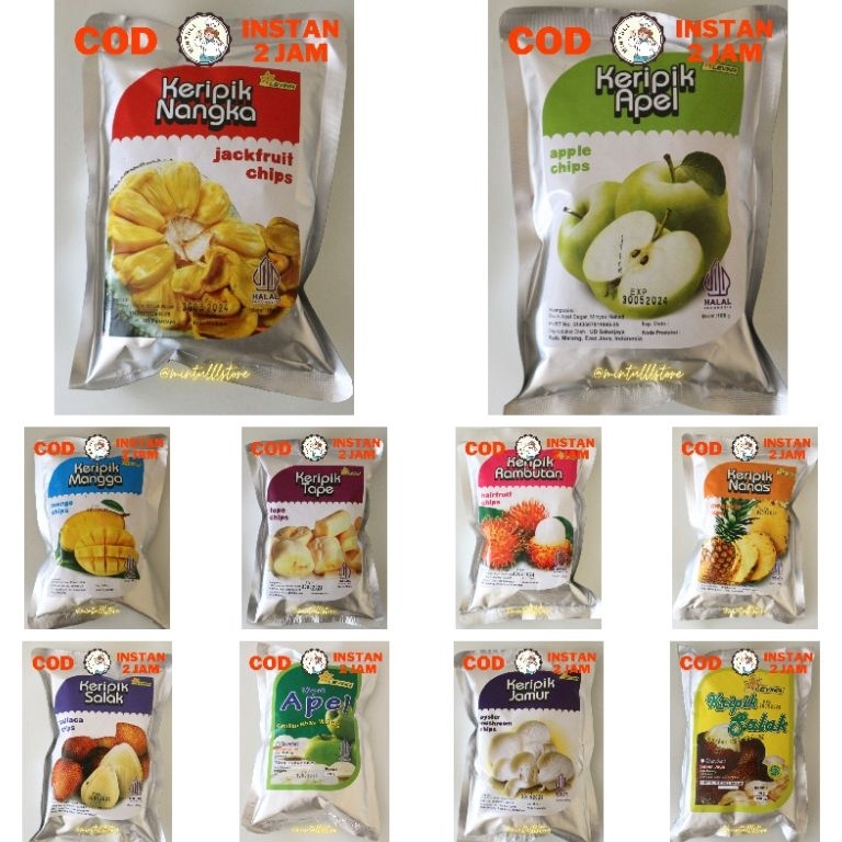 

Cuci Gudang ANEKA CAMILAN KERIPIK BUAH SAYUR NANGKA APEL NANAS RAMBUTAN MANGGA RAMBUTAN TAPE JAMUR FRUITS CHIPS BROKOLI WORTEL CABE BAWANG BOMBAY LEVINA SNACK ENAK MURAH 1 GRAM Only today