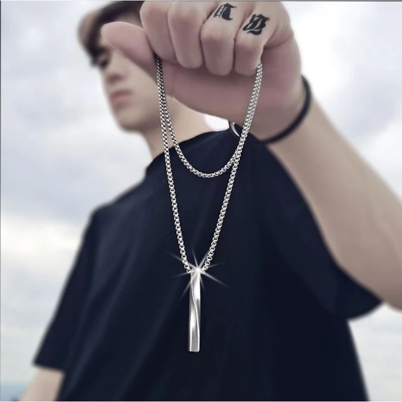 Kalung Fashion Pria Wanita Titanium Liontin Silver Model Korea Balok Hip Hop Anti Karat Necklace Spi