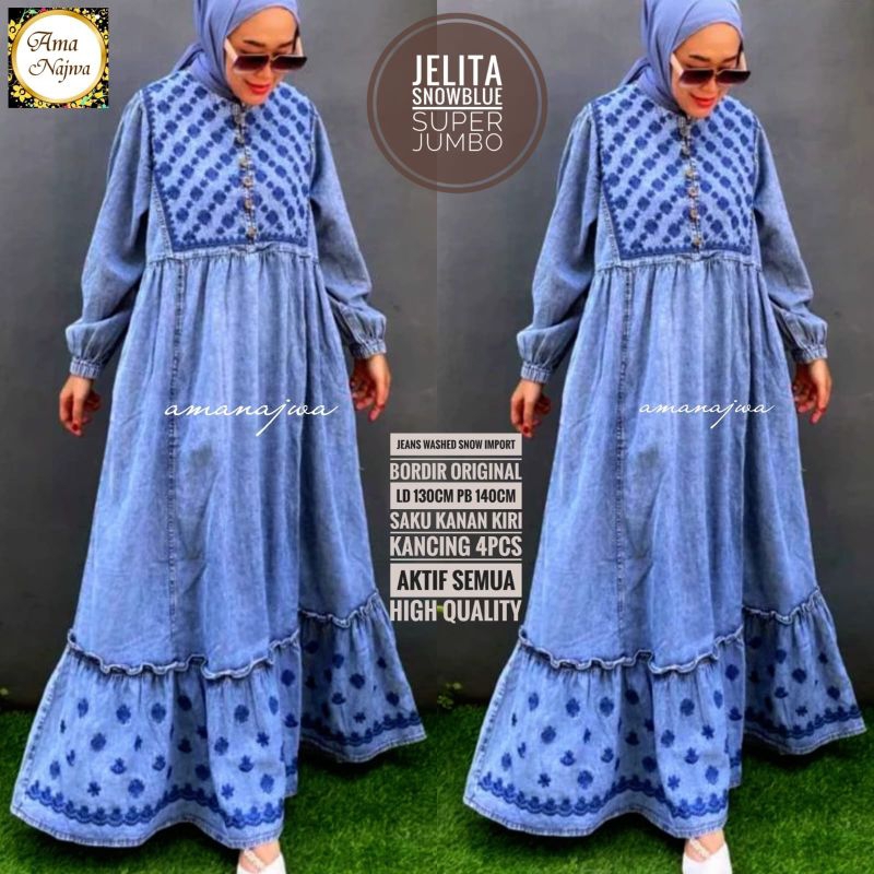 SUPER JUMBO LD 120 dan LD 130 cm JELITA SNOW BLUE GAMIS JEANS WANITA BY AMANAJWA