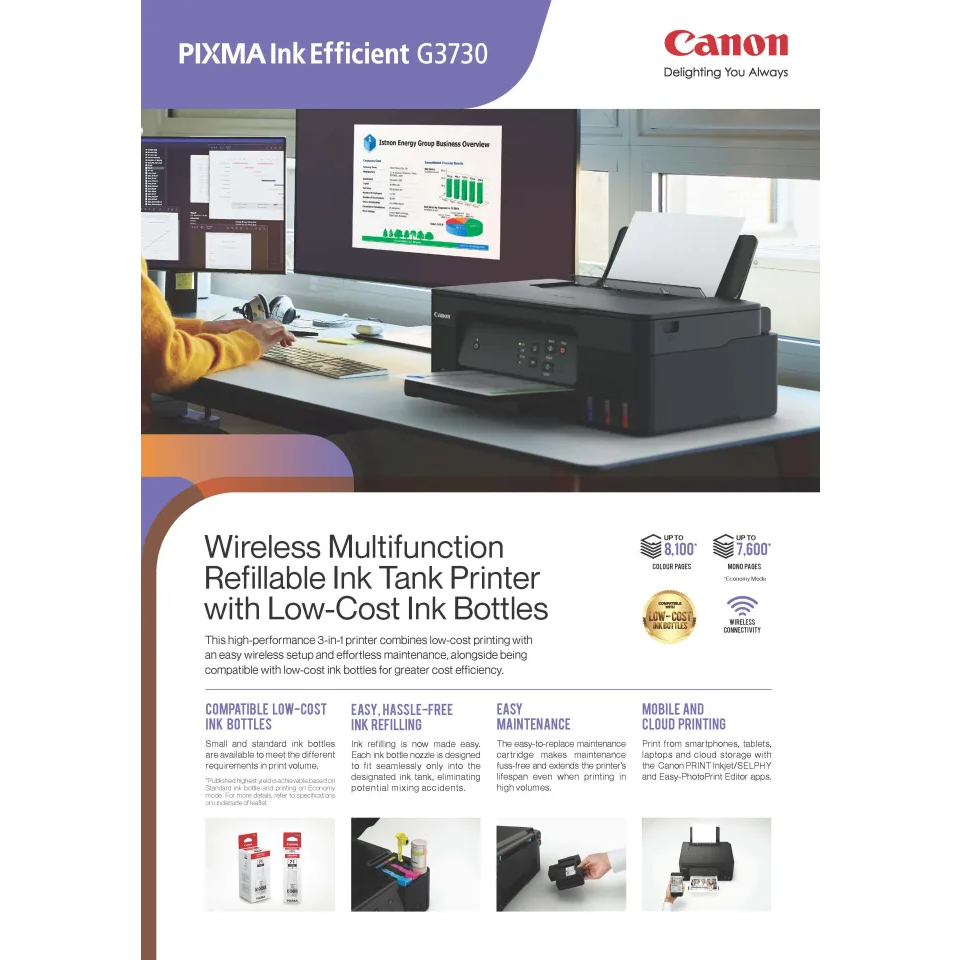 PRINTER CANON PIXMA G3730 ALL-IN-ONE (PRINT, SCAN, COPY) WI-FI G-3730 - ORIGINAL INK