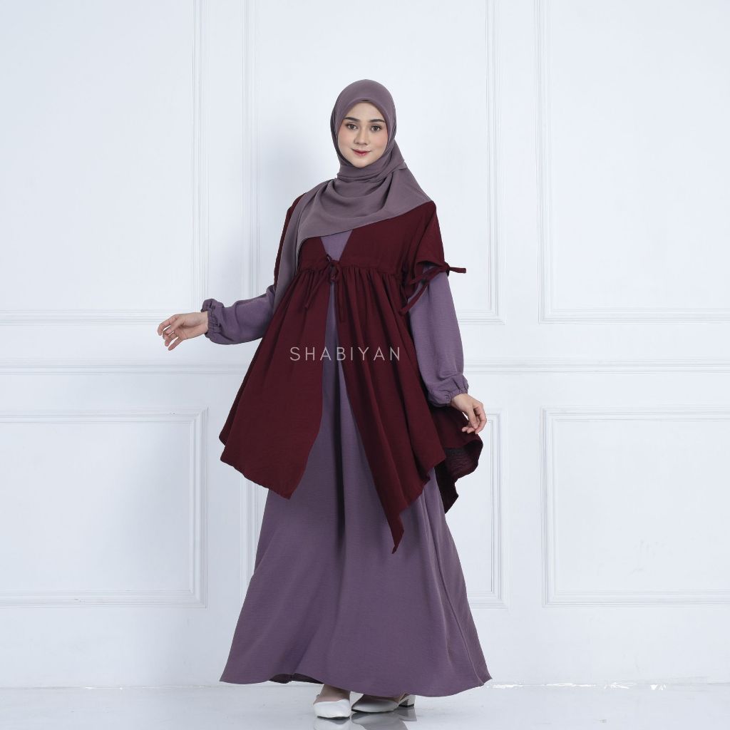 SHABIYAN 484 Gamis Set Outer Muslim Polos Kombinasi Crinkle | Halwah-2