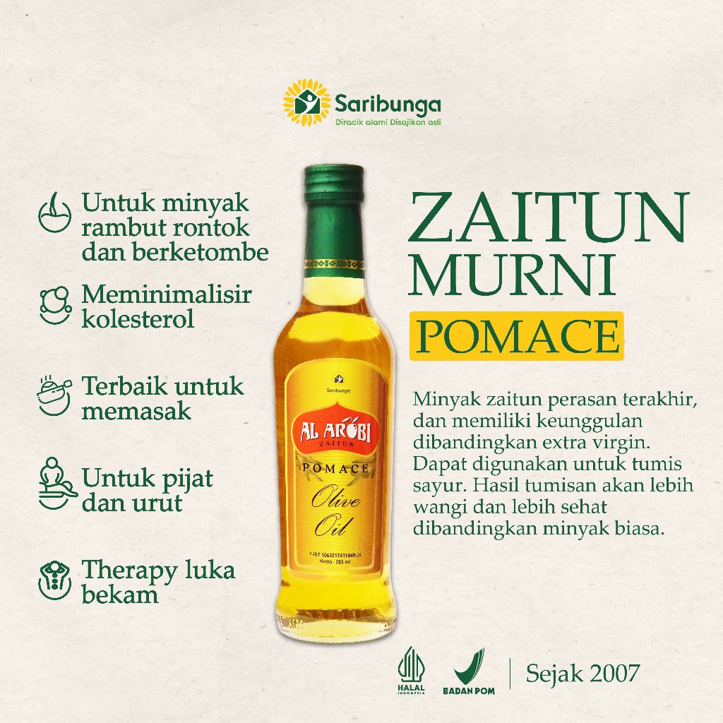 

Minyak Zaitun Pomace Al Arobi 285ml - Pomace Olive Oil Al Arobi - Minyak Zaitun Murni Premium Grade A+ - Hasil tumisan akan lebih wangi dan lebih sehat