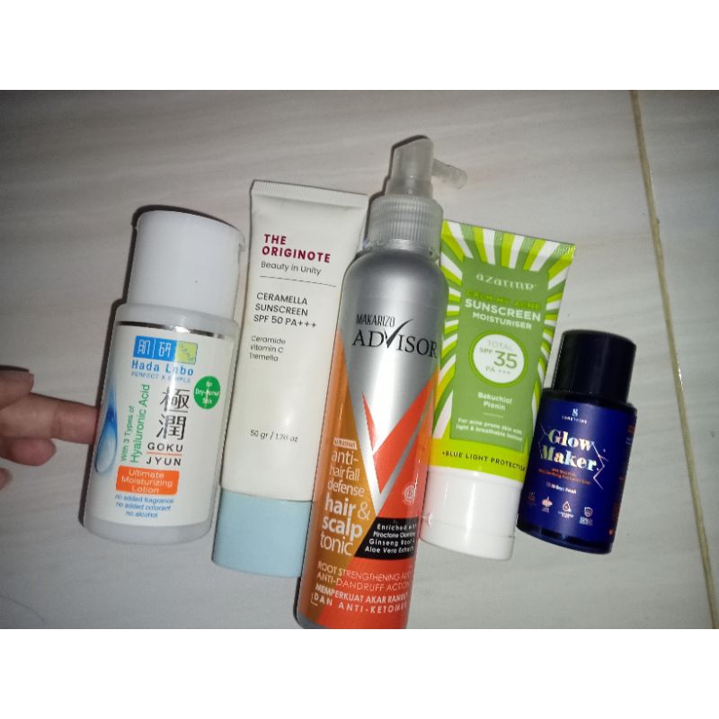 preloved skincare toner something glow maker, moisturizer toner hadalabo gokujyun, makarizo advisor 