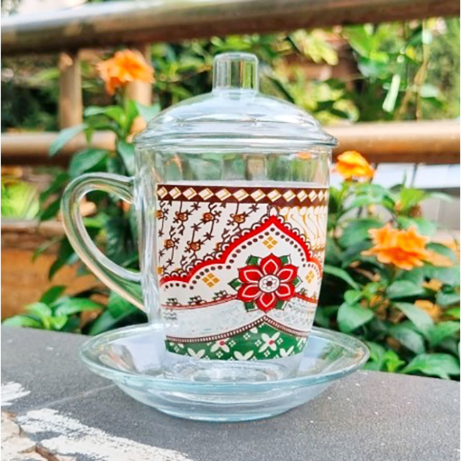 Gelas Set Ethnic Mug 3in1 Motif Batik FREE Tutup Dan Tatakan Gelas Kuping Set Gelas Kaca Gelas Kopi 