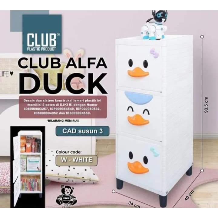 Lemari pakaian plastik CLUB Alfa duck cad laci susun 2 susun 3 pintu boneka kuning putih bebek print