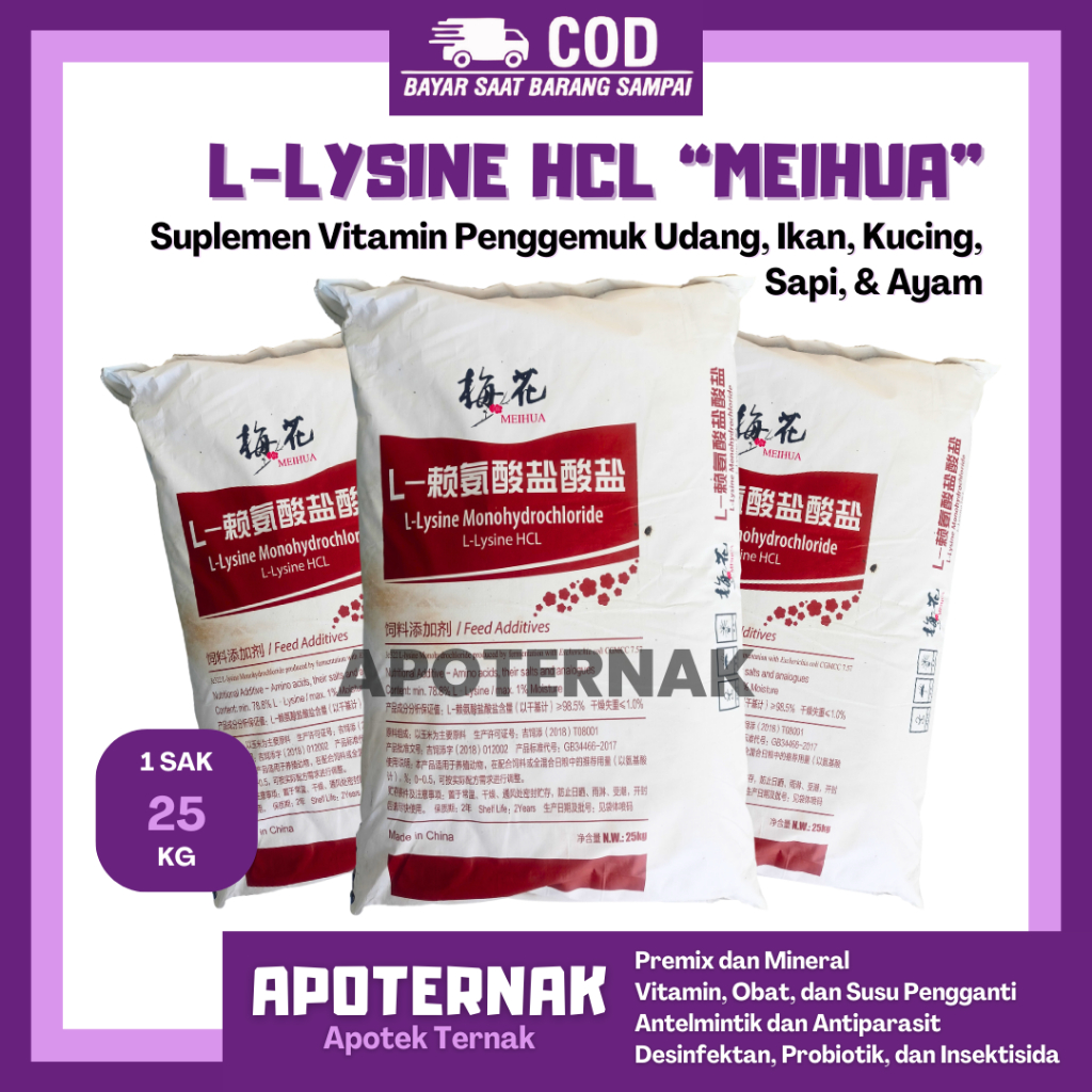 LYSINE 1 Sak 25 kg | Suplemen Vitamin Penggemuk Udang Ikan Kucing Sapi Ayam | L-LYSINE Monohydrochlo