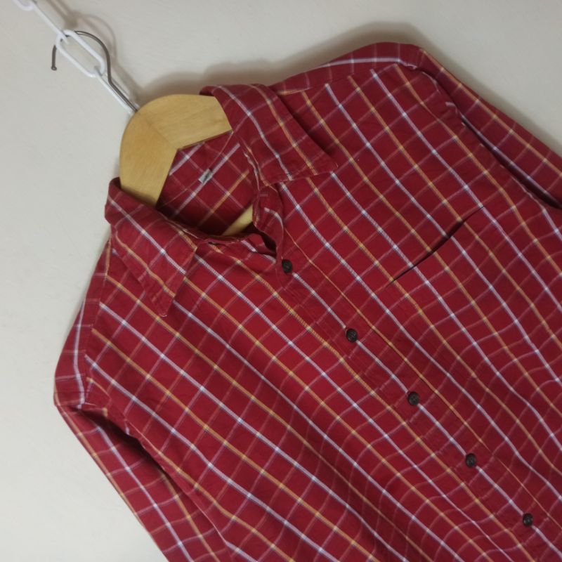 [Flannel Uniqlo] Kemeja Flanel Plaid Long Sleeve Shirt Merah Garis Putih Kuning Size S / M
