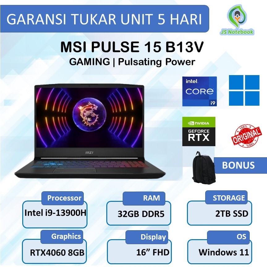 Msi Pulse 15 B13V RTX4060 8GB i9-13900H 32GB 2TB SSD Win11 360Hz