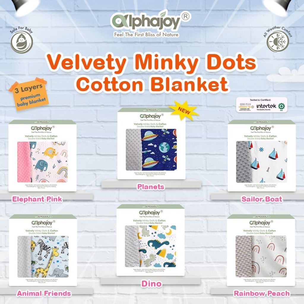 Alphajoy Velvety Minky Dots Cotton Double Sided Baby Blanket 3 Lapisan Layers dua Sisi Selimut Anak 