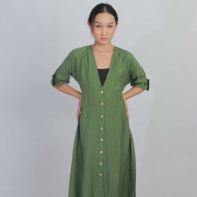 Avenue Midi Dress Katun Folded - Dress Korea Midi Plain V Line - Dress Wanita (SKU 24810)