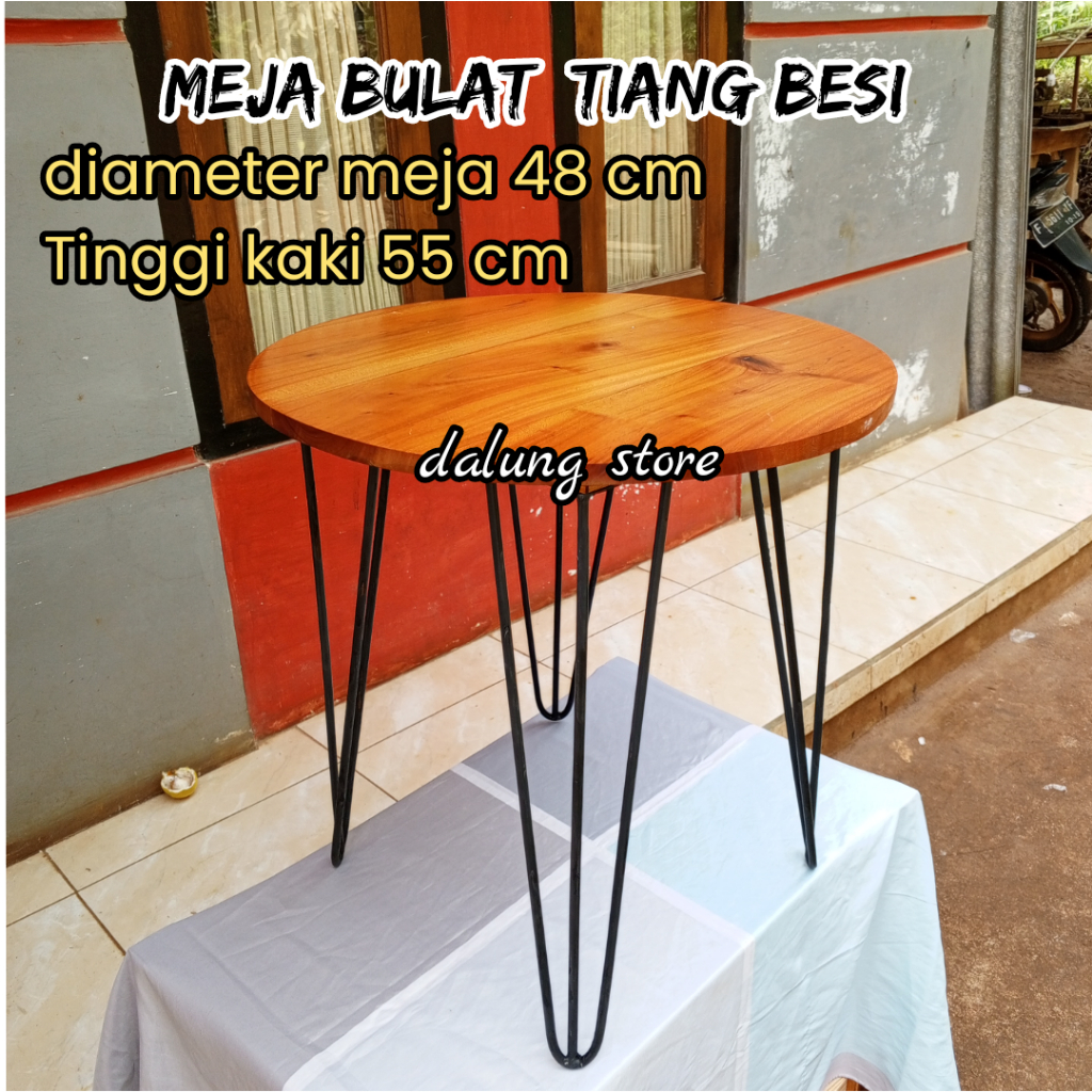 meja bulat kayu minimalis dekorasi ruang tamu aesthetic sudut kaki besi meja cafe lesehan