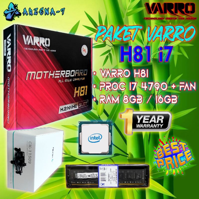 Paket Motherboard Varro H81 + Proc Core i7 4790 + Ram 8Gb / 16Gb
