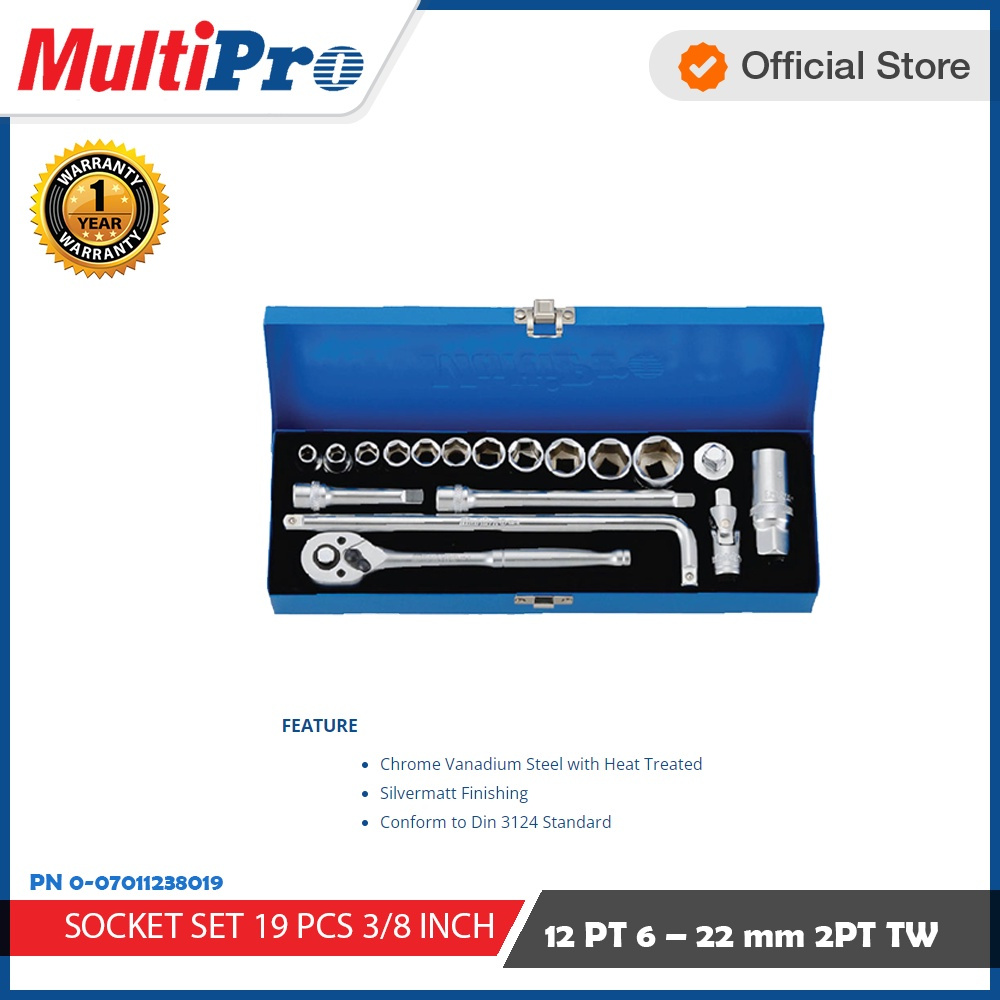 Kunci Sok/Socket Set 3/8 Inch Merk MultiPro 19 pcs 12Pt 6-22mm