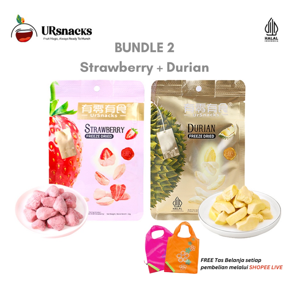 

G17 URSNACKS BUNDLE OF 2 ZE DRIED KERIPIK SEHAT STRAWBERRY 22gr DURIAN 32gr BUAH VAKUM CEMILAN DIET 288