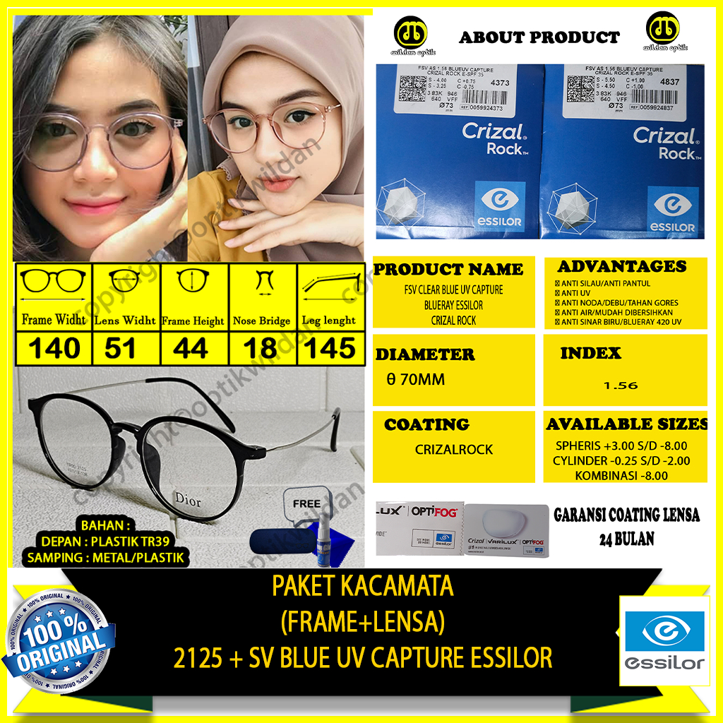 Paket Kacamata Essilor Blue UV Capture Crizal Coating Terbaru Frame 2125