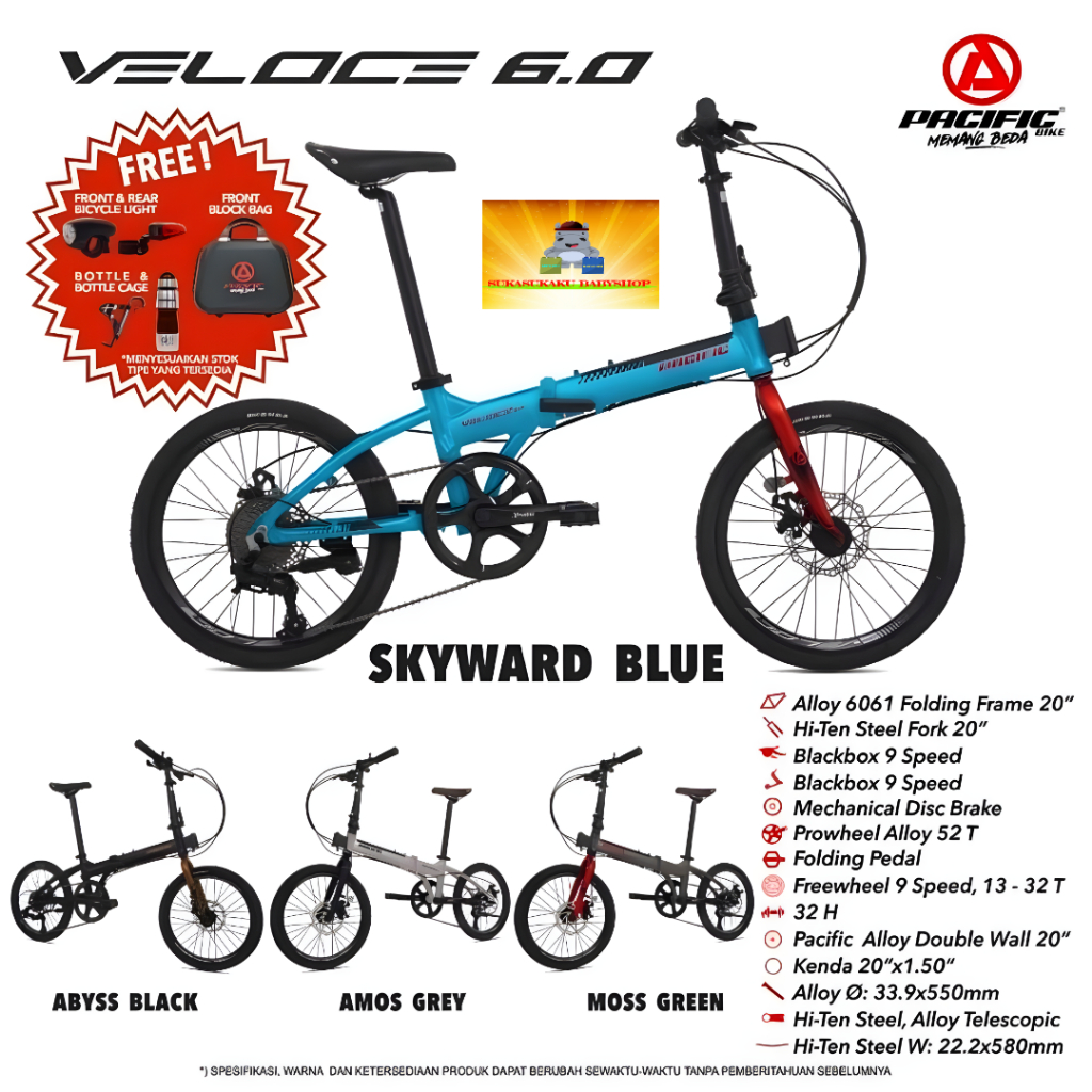 Pacific VELOCE 6.0 Sepeda Lipat 20 Inch Folding Bike Gratis Accesories Tas Botol New Model