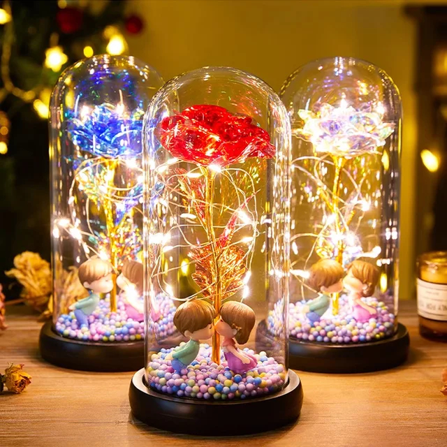 Bunga Abadi LED Mawar Lampu  Glass Dome Dekorasi Beauty Kado Hiasan Lampu Tidur Ukuran Besar
