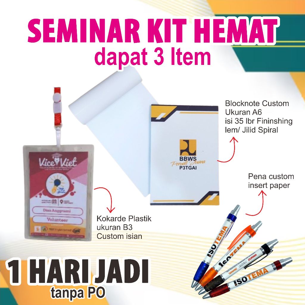 

SEMINAR KIT PAKET HEMAT SATU HARI JADI PERLENGKAPAN SEMINAR BLOCKNOTE PENACUSTOM TAS SEMINAR