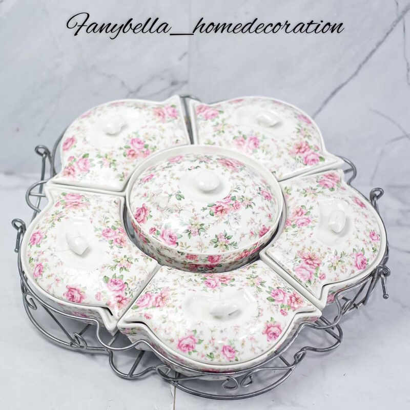 Prasmanan set Keramik Mewah Full motif Shabby Chic Bunga Pink Import QUEEN ROSE