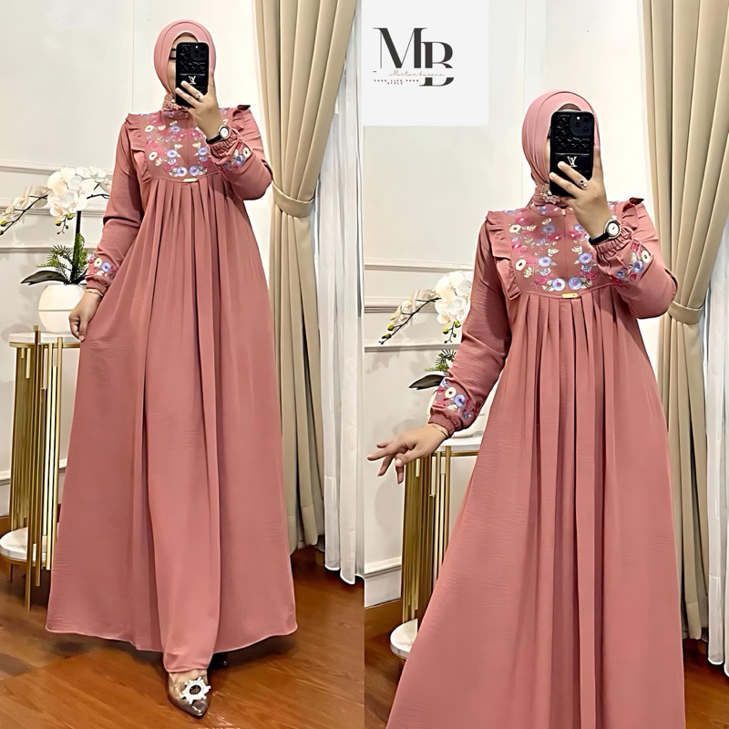 GAMIS BORDIR BUNGA TIMBUL BAHAN CRINKLE/GAMIS AZIZAH MEWAH TERBARU TERMURAH-7