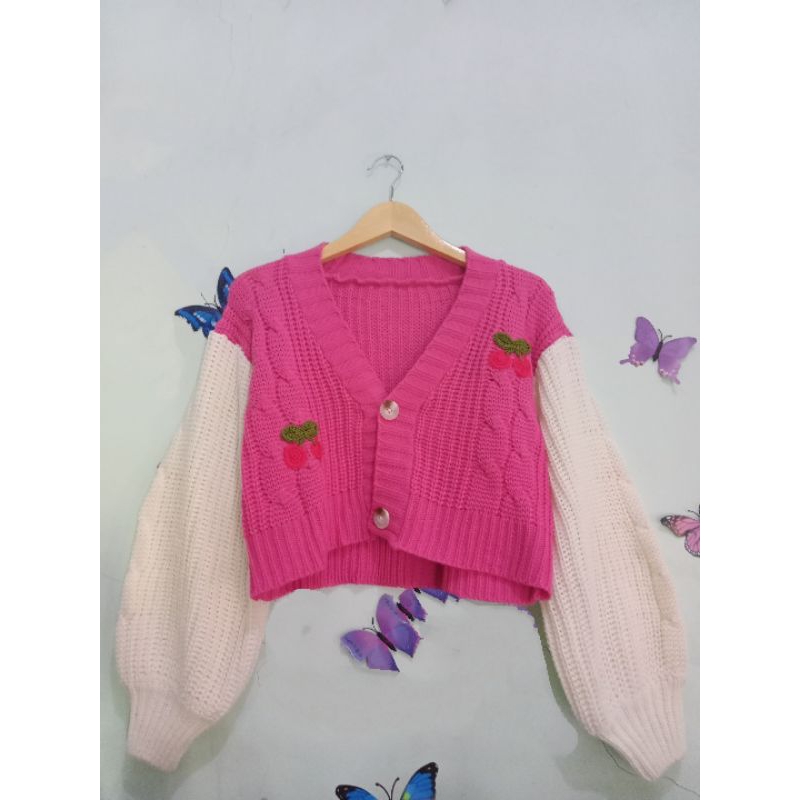 Cardi crop kepang tangan super balon, bahan import, Cherry2