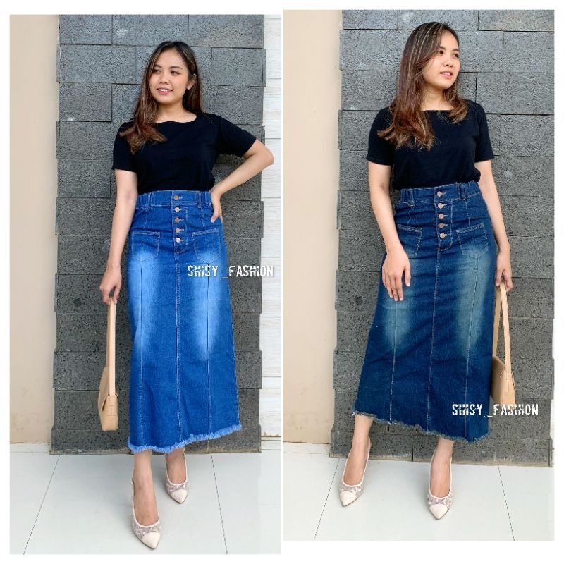 Rok Jeans Welona - Rok Jeans Wanita Welona kancing 5 // Rok Jeans Midi Welona kancing 5