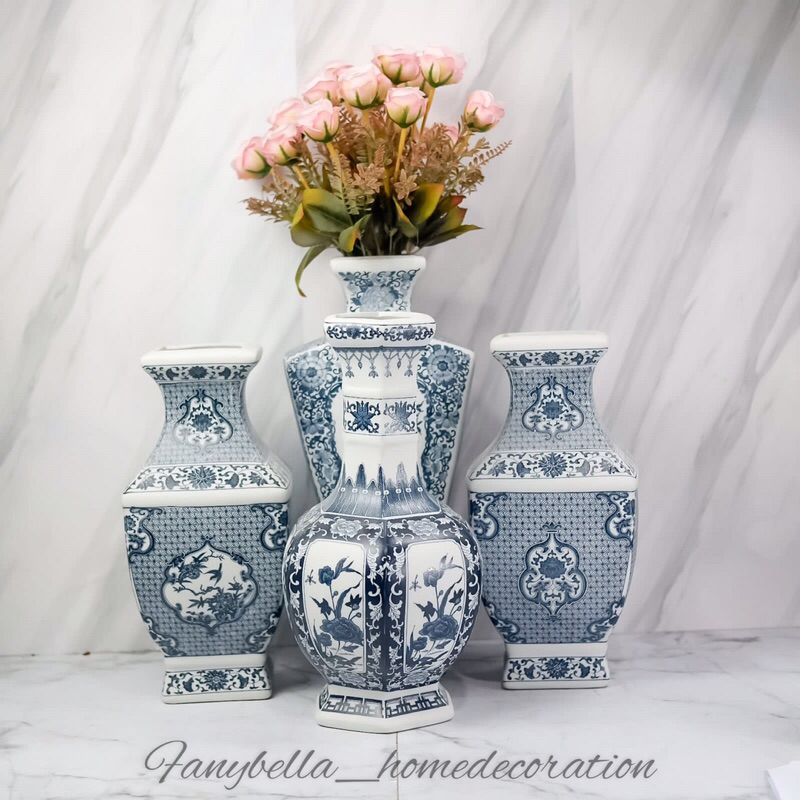 Vas Bunga Keramik Guci Minimalis biru Purih Porselen Import Dekorasi Rumah Hiasan Rumah| FANYBELLA