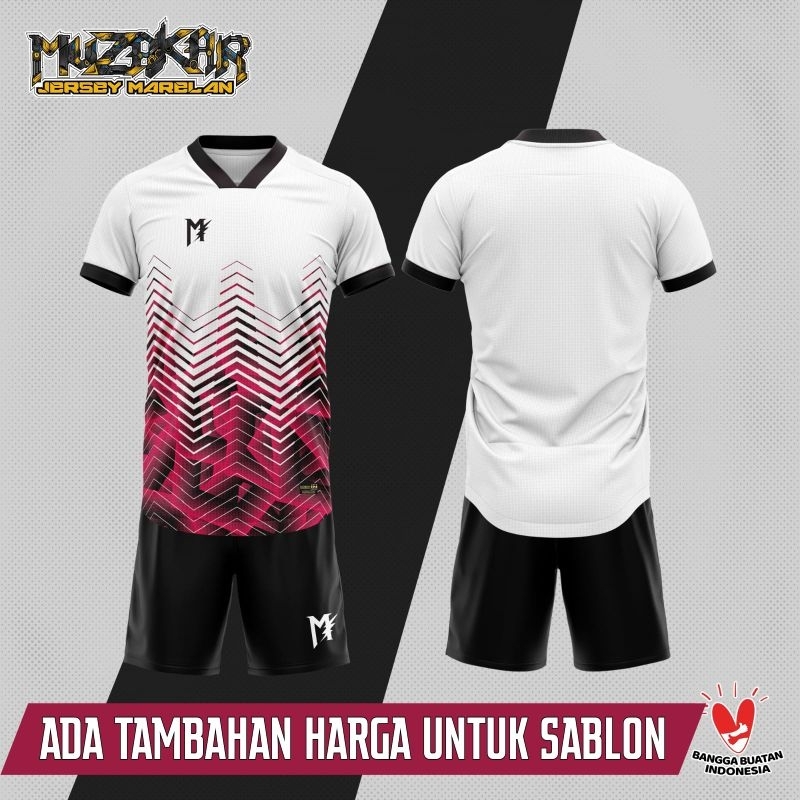 MUZAKAR Baju Futsal Setelan Stelan Jersey Bola Putih Hitam Merah,  Bisa Sablon