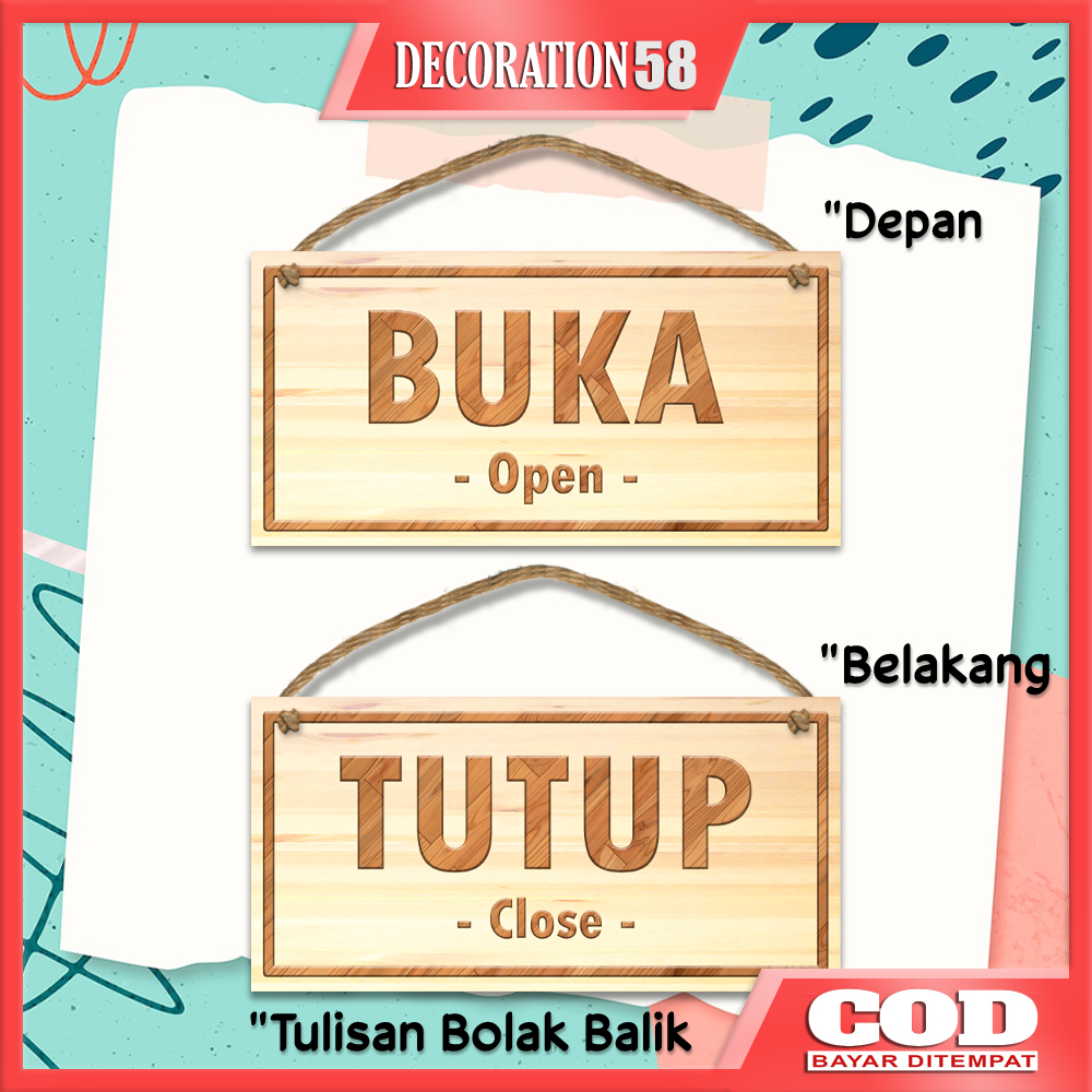 Hiasan Pajangan Tulisan Buka Tutup Bolak Balik Poster Kayu Tulisan Open Close Depan Belakang