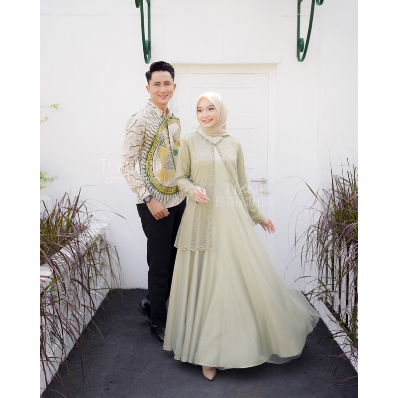 Baju couple Raya series batik pria lengan panjang dan dress mewah premium kode Camelia series Sage g