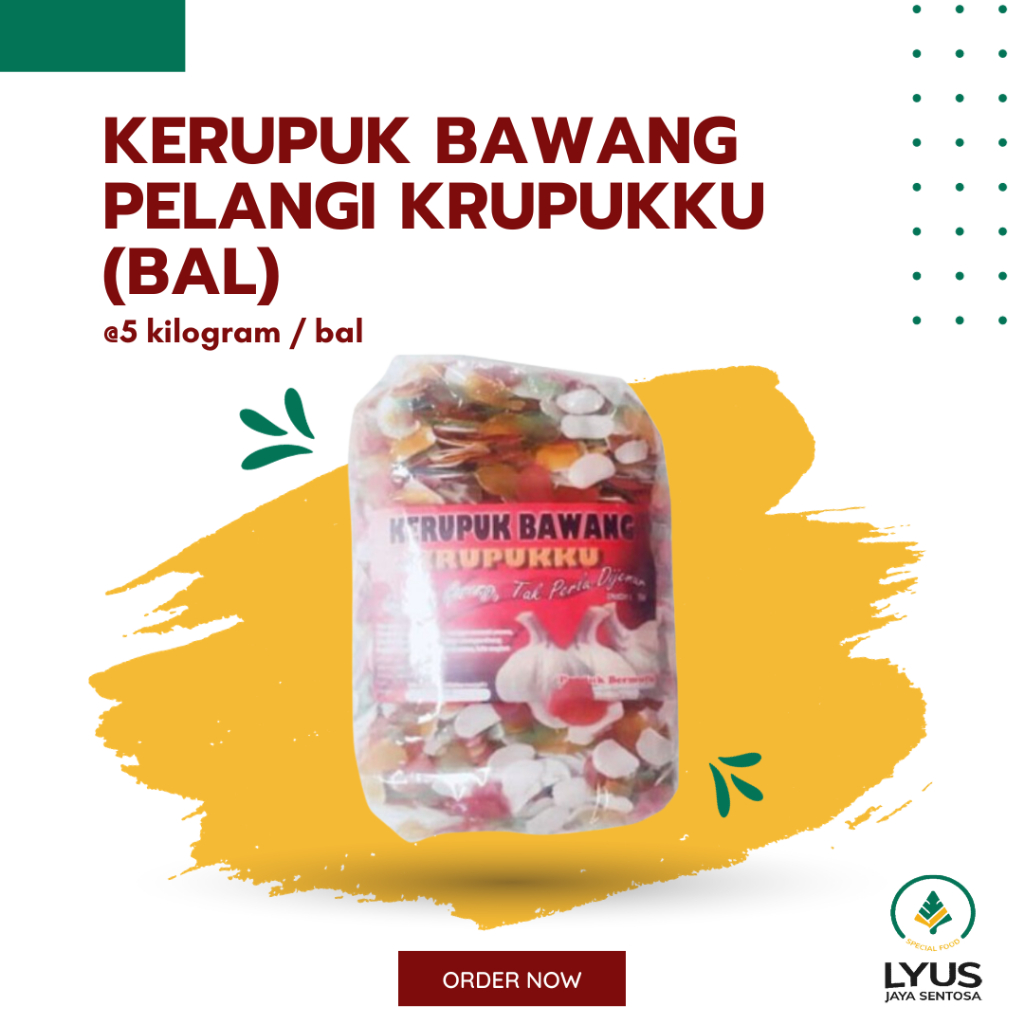 

Kerupuk / Krupuk Bawang Pelangi Krupukku @5kg (BAL)