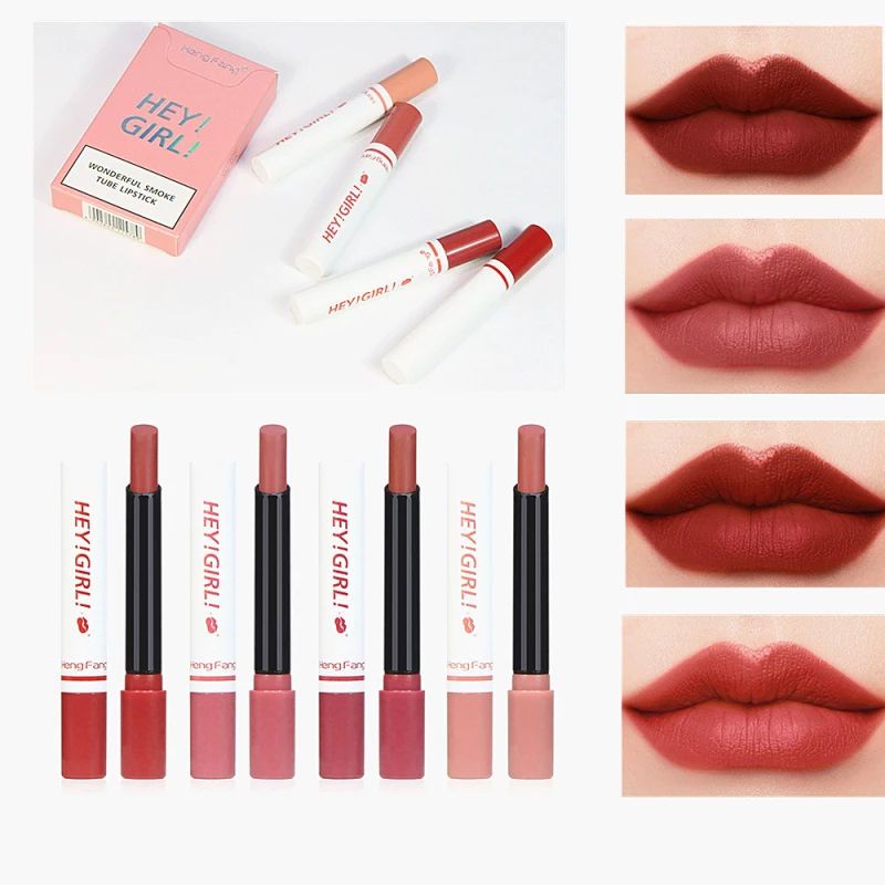 Hope Store - Lipstik Hengfang Hey Girl Matte 4in1 Tahan Lama Lipstik Smoke Viral [ 1BOX ISI 4PCS ]