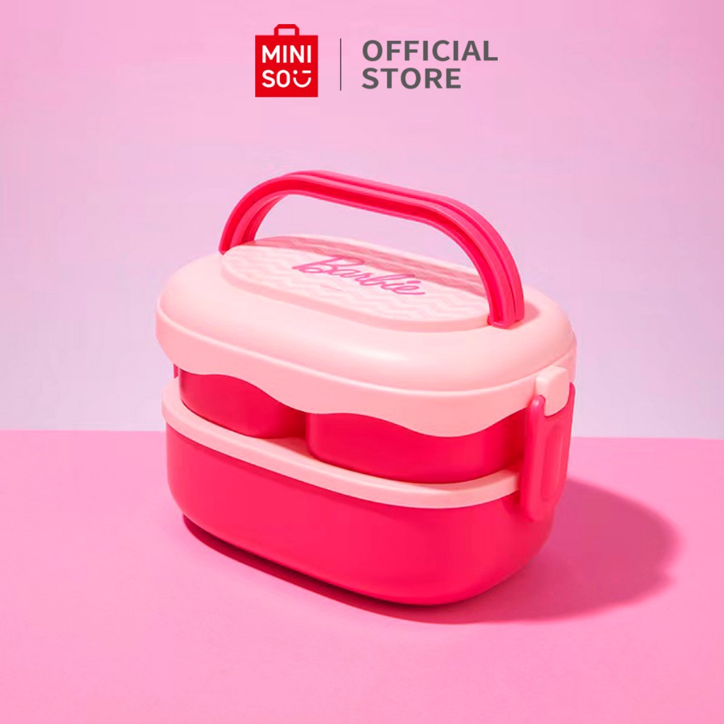 MINISO X Barbie Kotak Makan Dua Lapisan dengan Garpu dan Sendok 1600ml 2in1 Bento Lunch Box