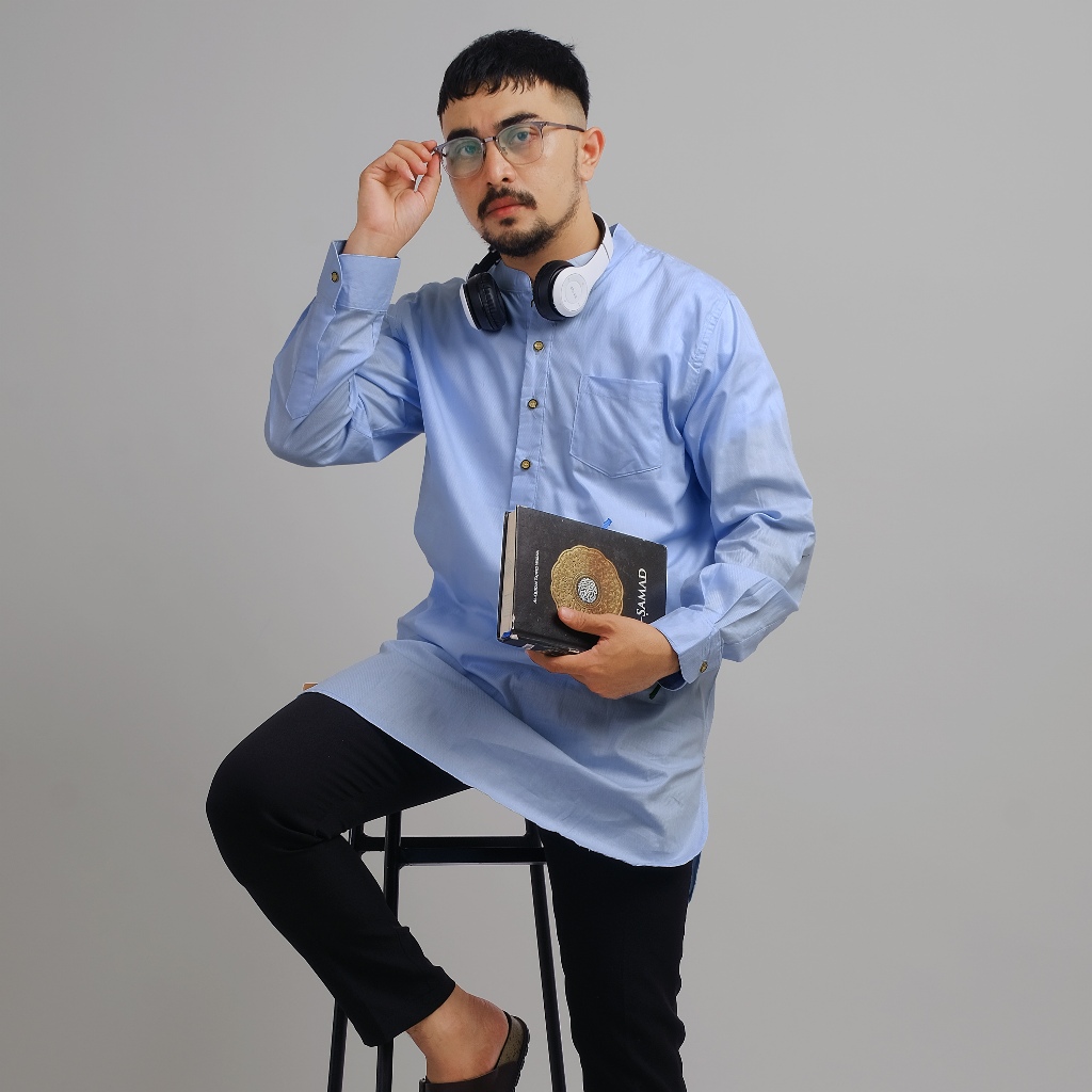 DGM Baju Koko Pria Polos Lengan Panjang Katun Cigarette Premium Biru Langit Koko Kurta 1609