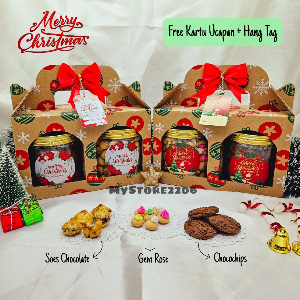 

PAKET LENGKAP Hampers Parcel Natal 223 Cookies Kue Kering Choco Chips Gem Rose Soes Chocolate 2 dan 3 Jar 6ml Hampers Merry Christmas