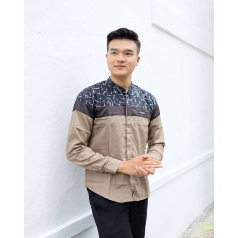 Baju  Pria Kemeja Lengan Panjang Warna Cokelat Baju Koko El rumi Motif Senopati Cokelat Kombinasi Ba