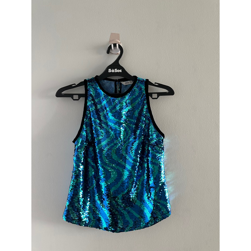 Zara Sequin Top Blue n Party Shirt Blouse HM Uniqlo Cotton Ink