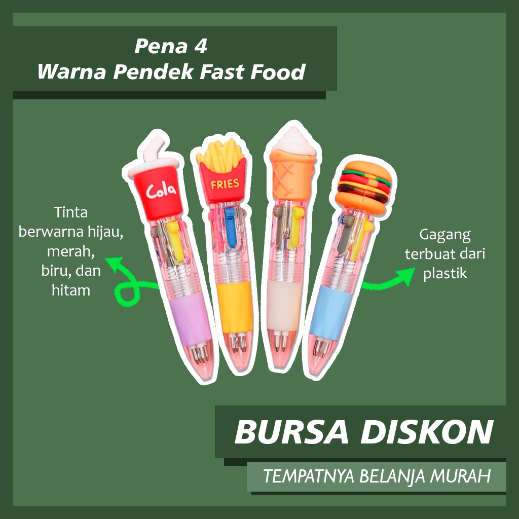 

Pena 4 warna pendek fast food pulpen burger french fries ketang goreng cola bolpen bollpoint