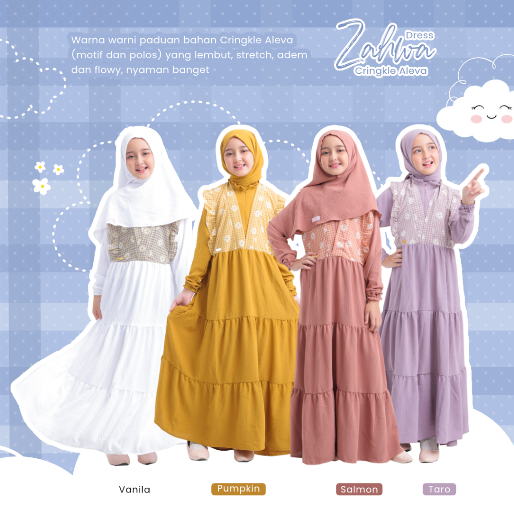 KAAFFAH Gamis Anak Zahwa Set Jilbab bahan cringkle Alva motif bunga warna ungu, mustard, putih, peac