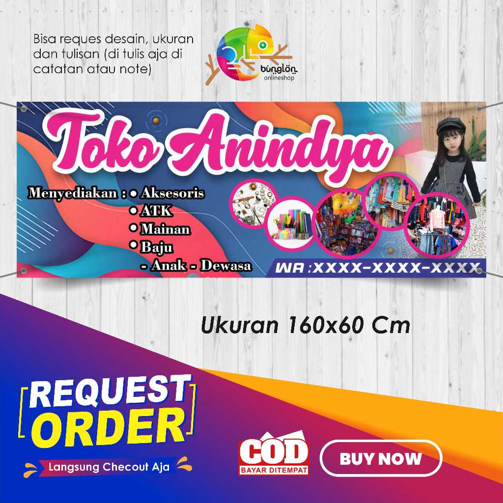 Spanduk 160x60 Banner Olshop Toko Aksesoris Mainan Baju Custom Desain