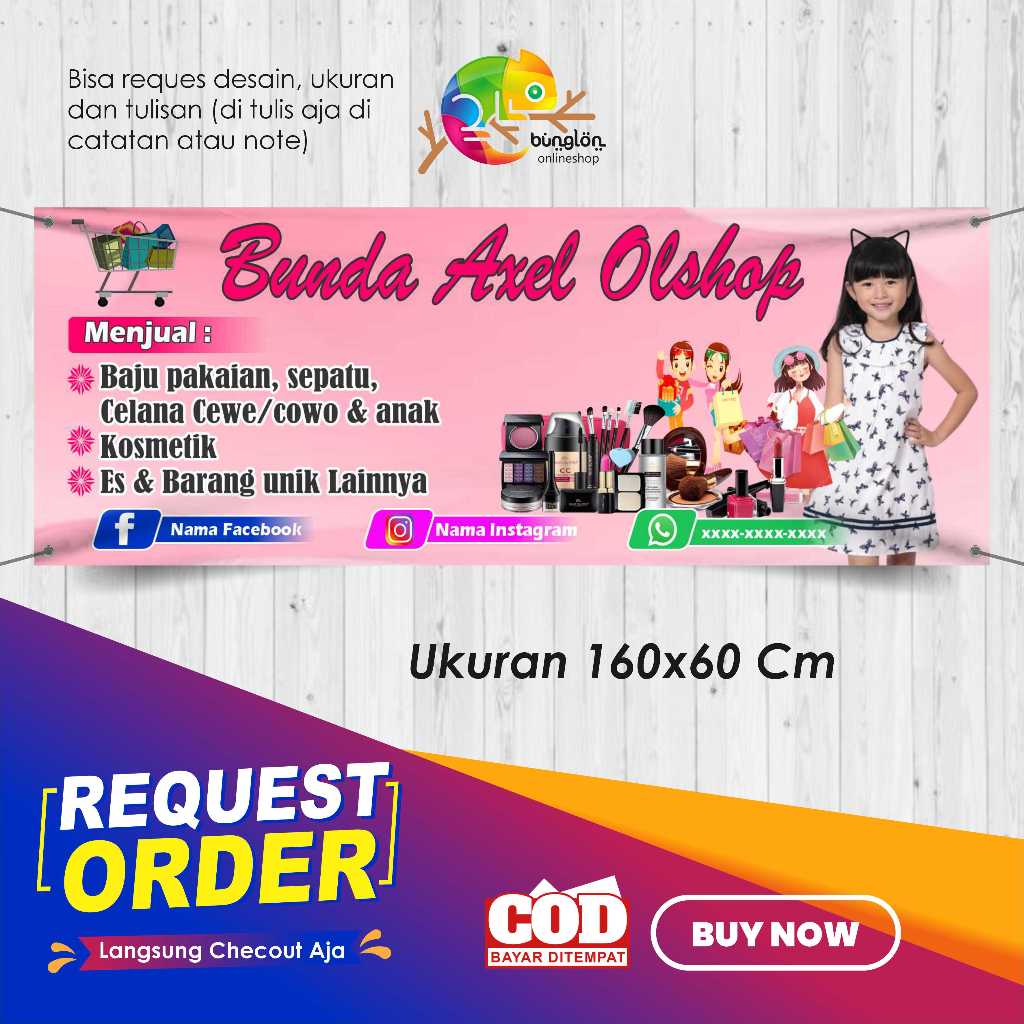 Spanduk 160x60 Banner Olshop Toko Baju dan Kosmetik Custom Desain