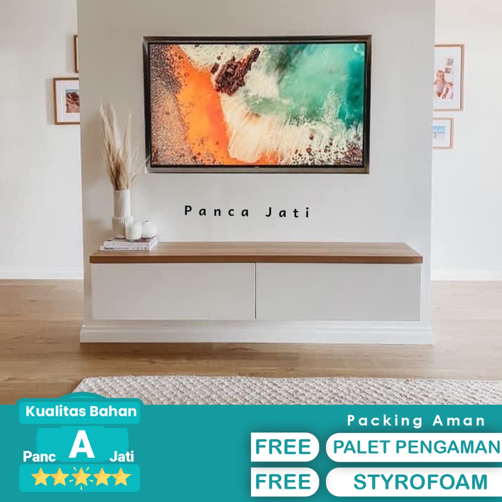 Meja TV Minimalis Modern Gantung 2 dan 4 Laci Warna Putih dan Serat Kayu
