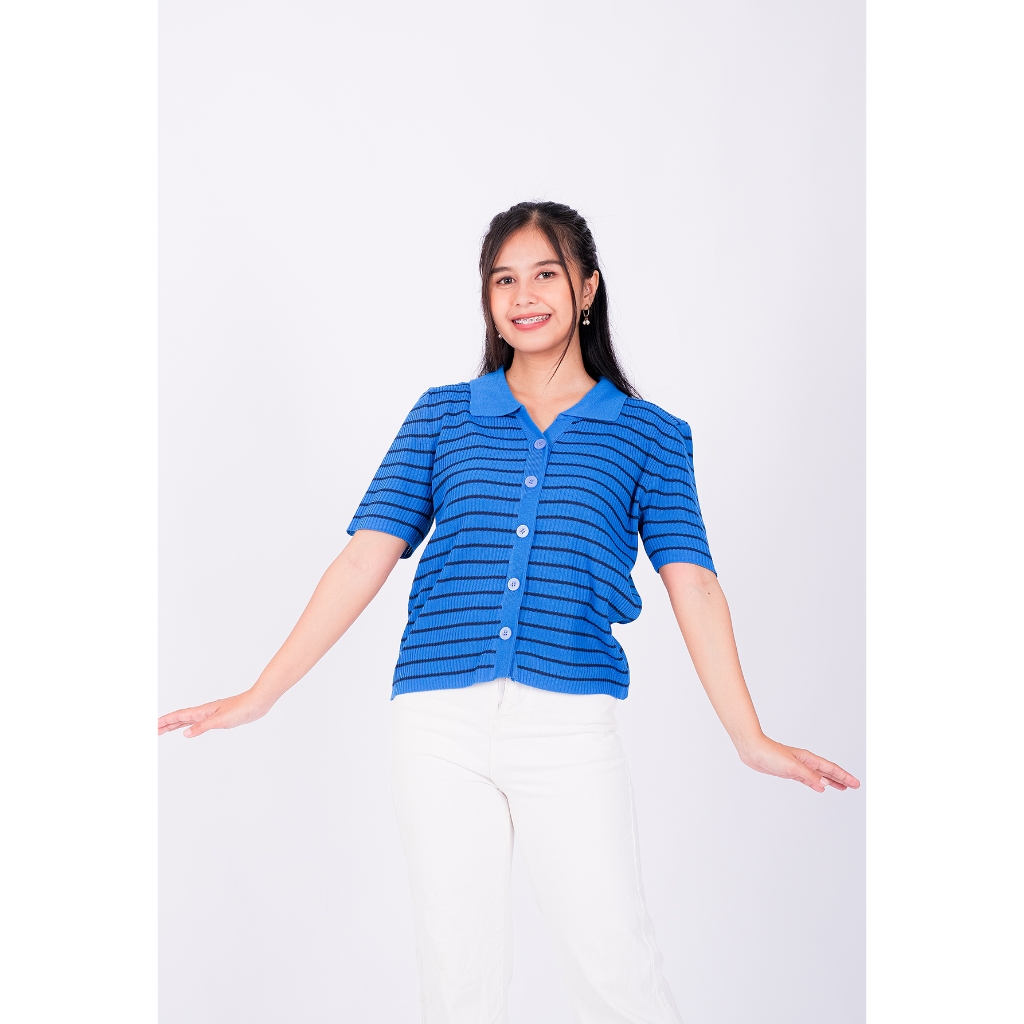 Zahra Baju Rajut Wanita Korean Camicia Top Polo Shirt / Atasan Rajut Cewek Strip Kemeja Premium