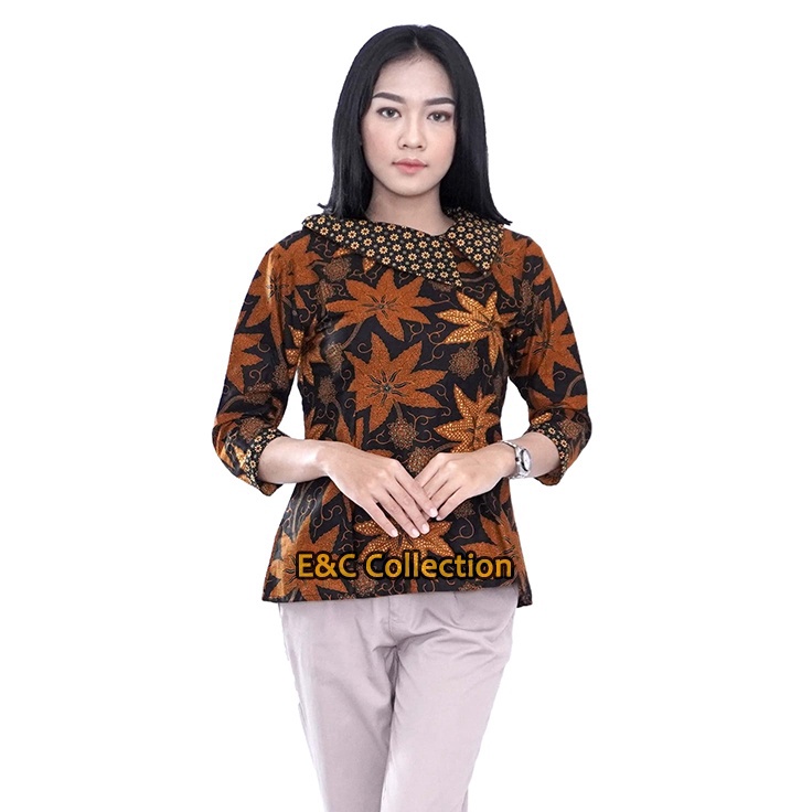 Kirim Sekarang Blouse Batik Wanita Modern Kerah Shawl Lebar  Atasan Batik Wanita  Batik Kerja Wanita