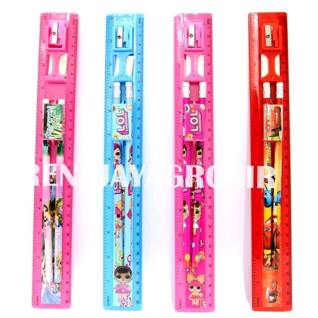 

Alat tulis sekolah set - pensil + penggaris + serutan + penghapus / perlengkapan sekolah satu set