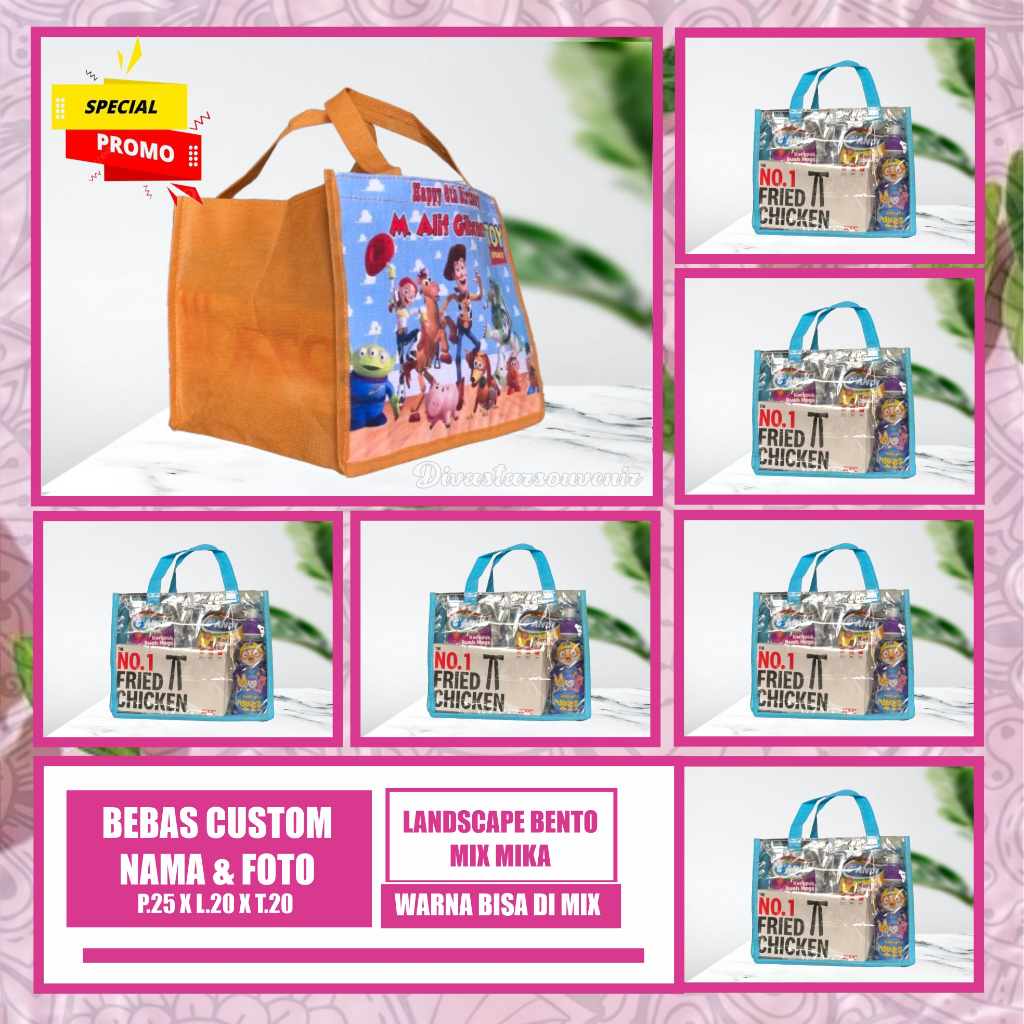 

Tas Ultah/ Tas Ulang Tahun Anak/ Tas Ultah Custom/ Tas Ultah Promo/ Tas Ultah Murah/ Godybag Murah/ Tas Souvenir Ulang Tahun Anak/ Ukuran Landskap Bento Mika Free Custom/ Goodiebag Gratis Design Termurah