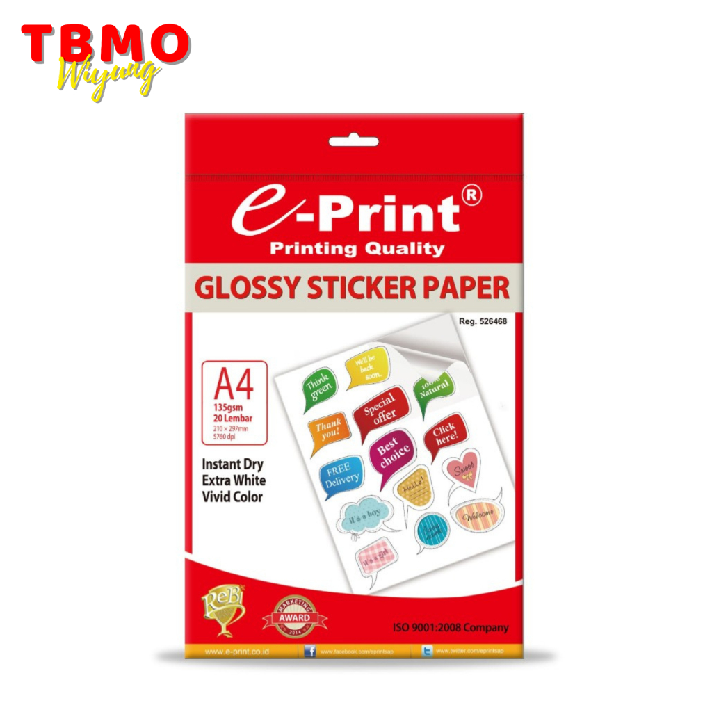 

TBMO Kertas Sticker Glossy Sticker Paper A4 135gsm Isi 20 Lembar