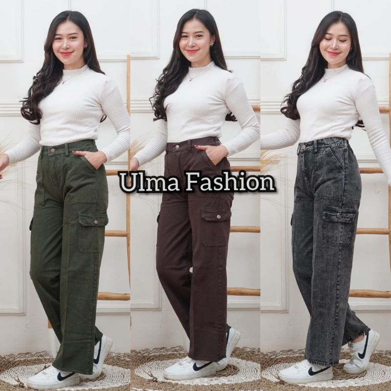 CELANA CARGO JEANS WANITA HIGHWAIST loose SNOW BLUE SNOW BLACK